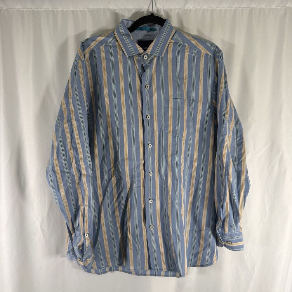 Tommy Bahama Dress Shirt Men's Medium Blue Striped Long Sleeve Button Up Cotton